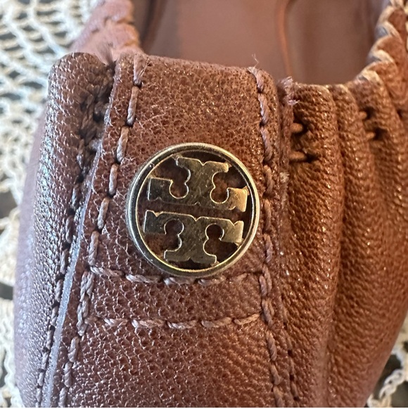 Tory Burch Chestnut Brown Snakeskin Cap Toe Abbey Leather Ballet Flats - Picture 7 of 12